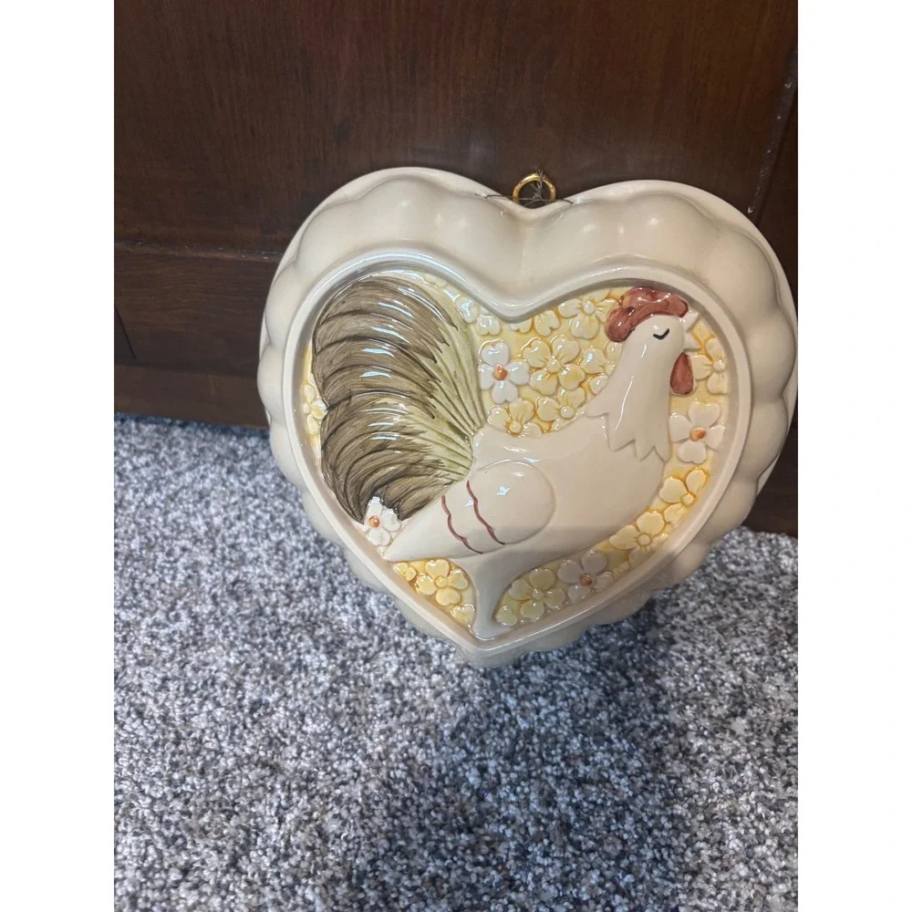 Vintage Heart Shaped Ceramic Rooster Jello Mold Wall Hanging Farmhouse Decor